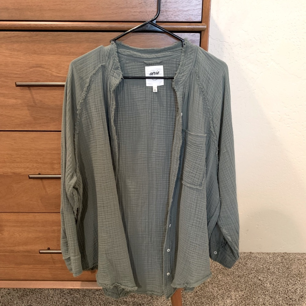 Aerie Oversized Button-Up Pool Shirt Sage XS